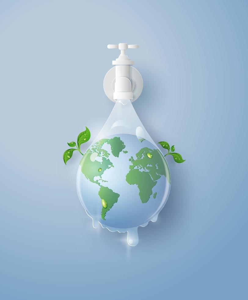 Earth coming out of tap as water. World water day concept vector