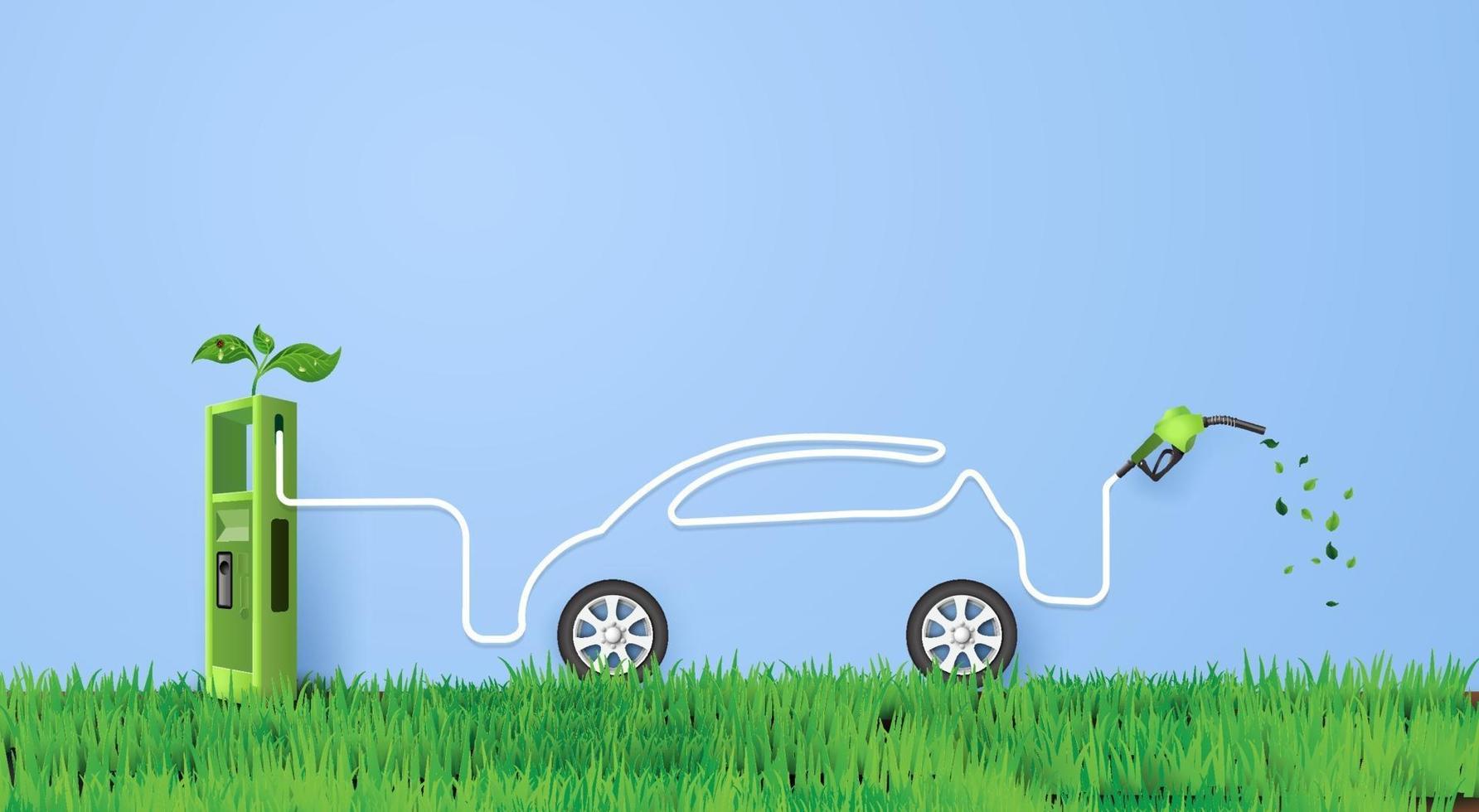 concept of environmentally friendly eco car. paper art and craft style. vector