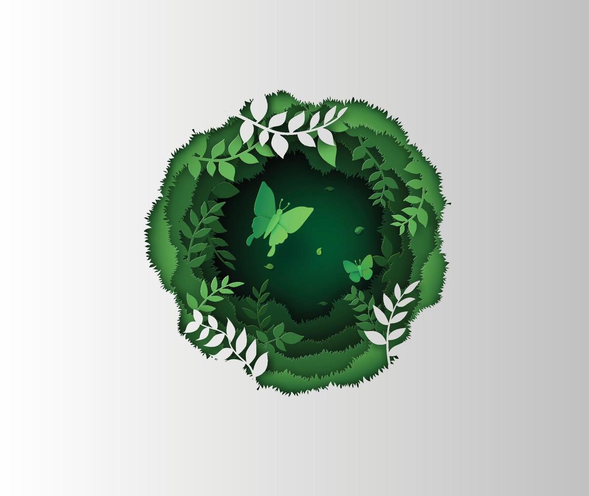 Green butterfly in circle made of lush forest plants vector