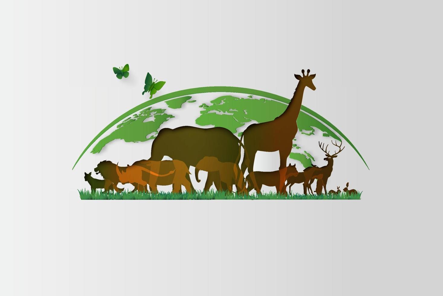 Variety of animals in paper cut style with Earth vector