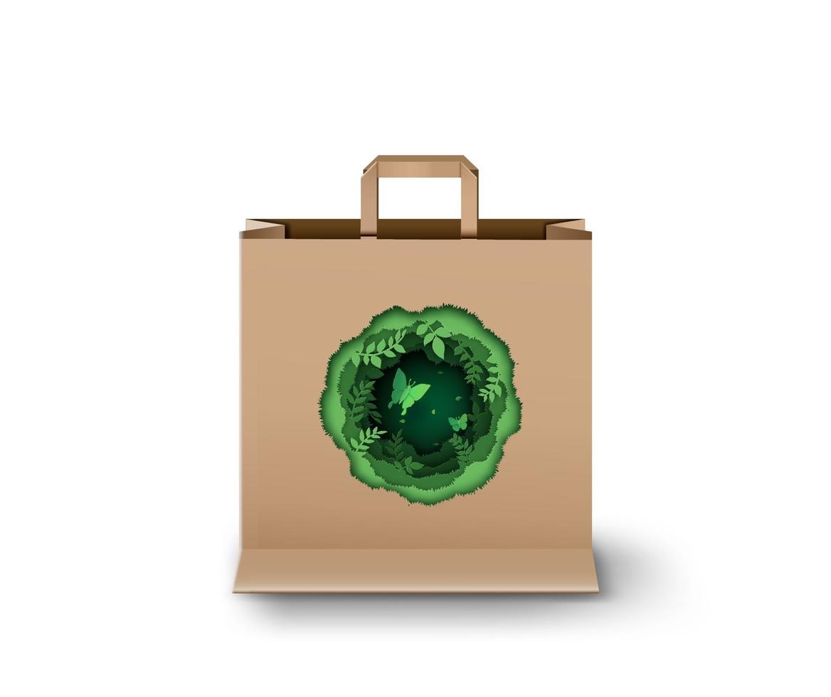 concept of ecology and environment on paper shopping bag, Paper cut style. vector