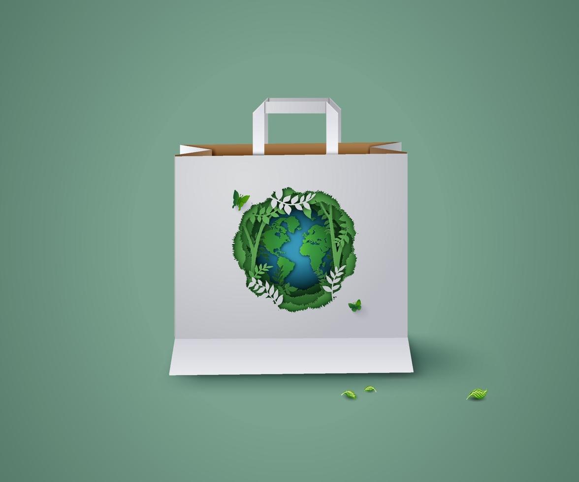 concept of ecology and environment on paper shopping bag, Paper cut style. vector