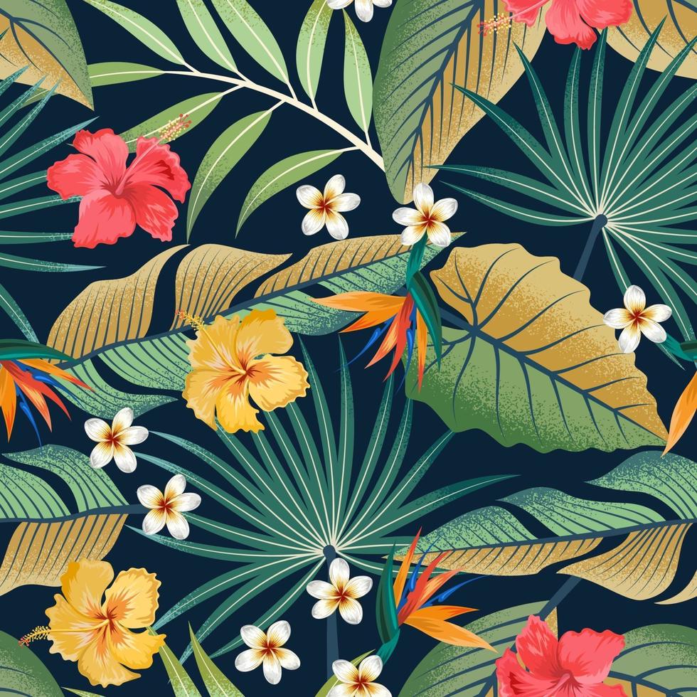 Seamless pattern with tropical beautiful flowers and leaves, exotic background. vector