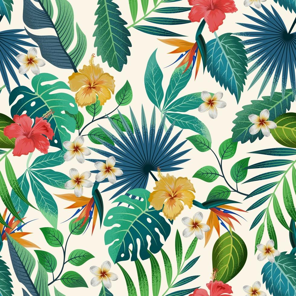 Seamless pattern with tropical beautiful flowers and leaves exotic background. vector