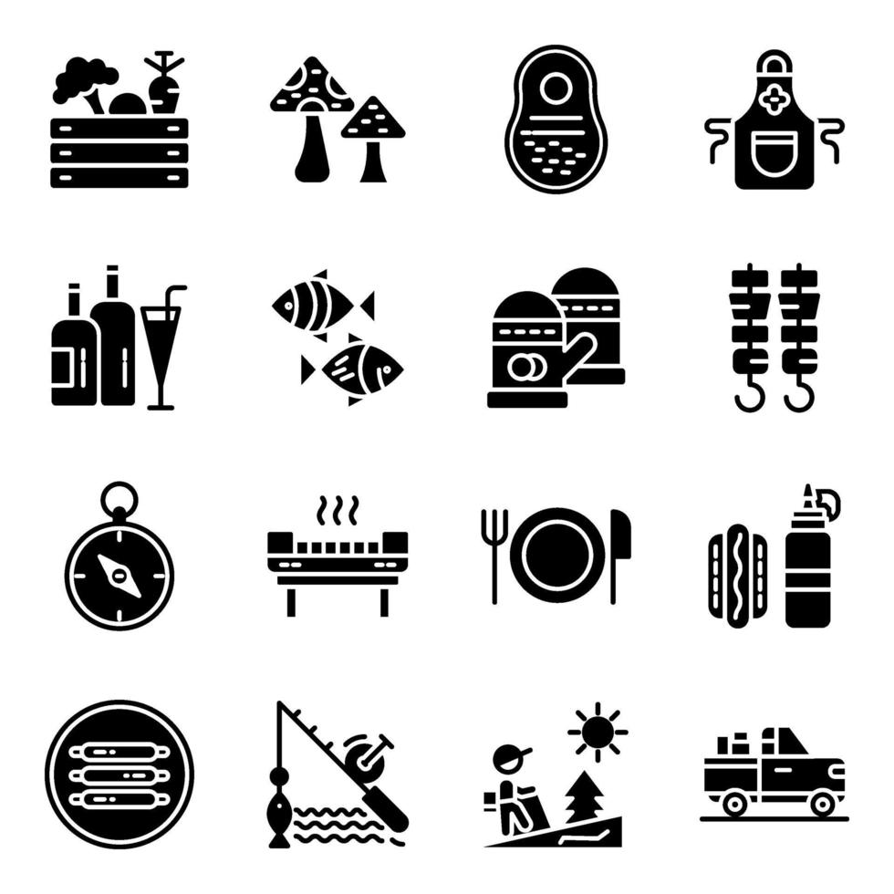 Pack of Camping and Picnic Solid Icons vector