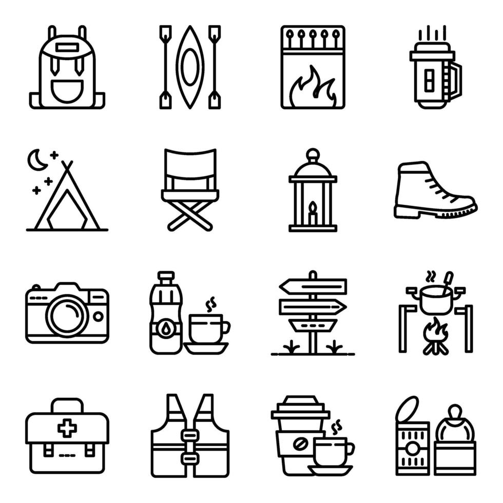 paquete de iconos lineales de accesorios de camping vector