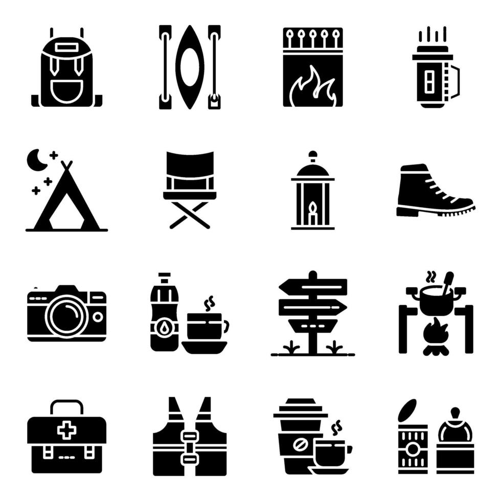 Pack of Camping Accessories Solid Icons vector