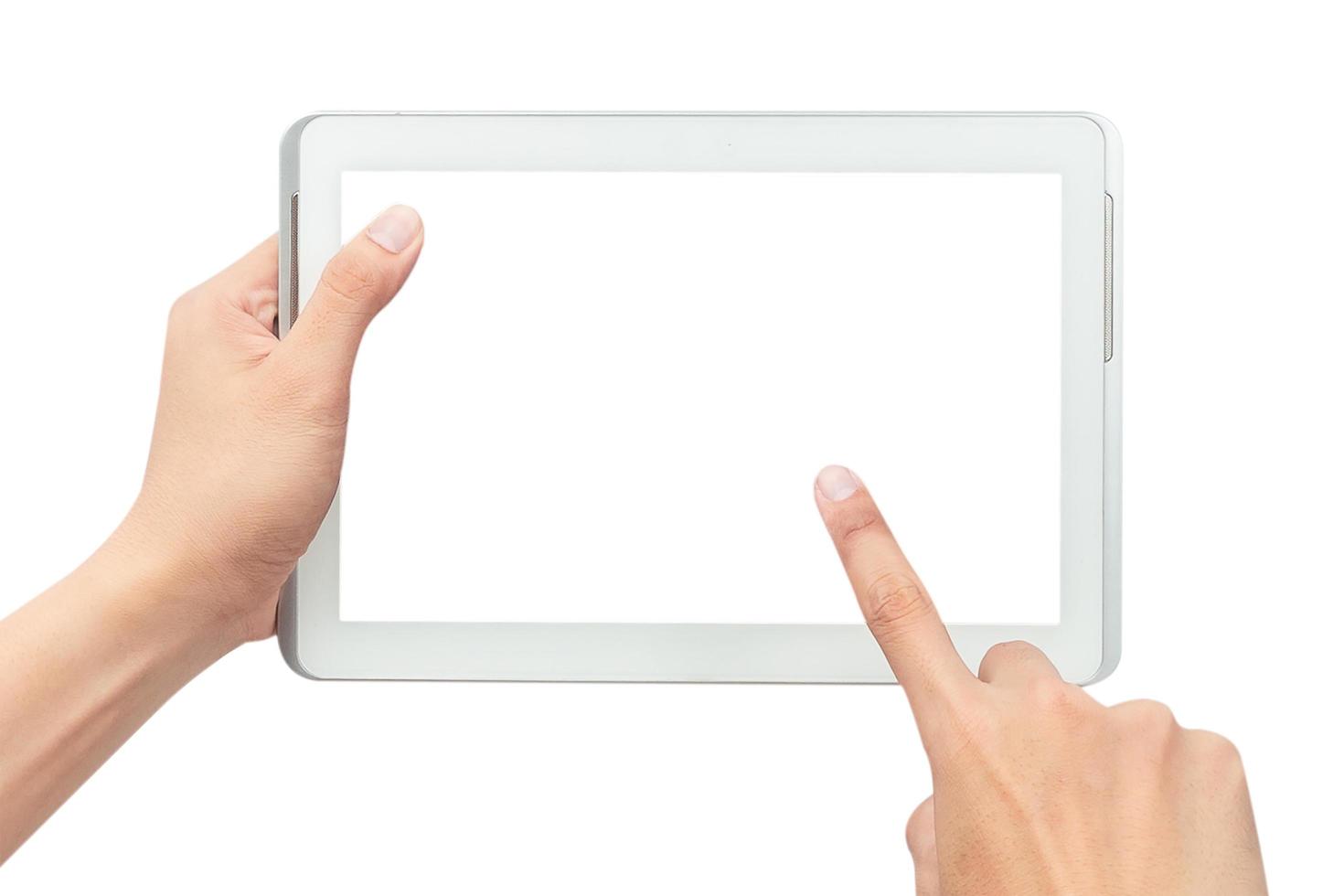 Person pointing at tablet screen mock-up photo