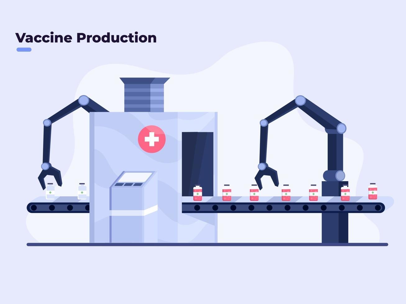 Flat illustration of Mass Producing Covid-19 Coronavirus Vaccine, Covid-19 Vaccine Production With modern Automatic Robot Technology, Pharmacy or medical factory manufacture producing Covid-19 vaccine vector