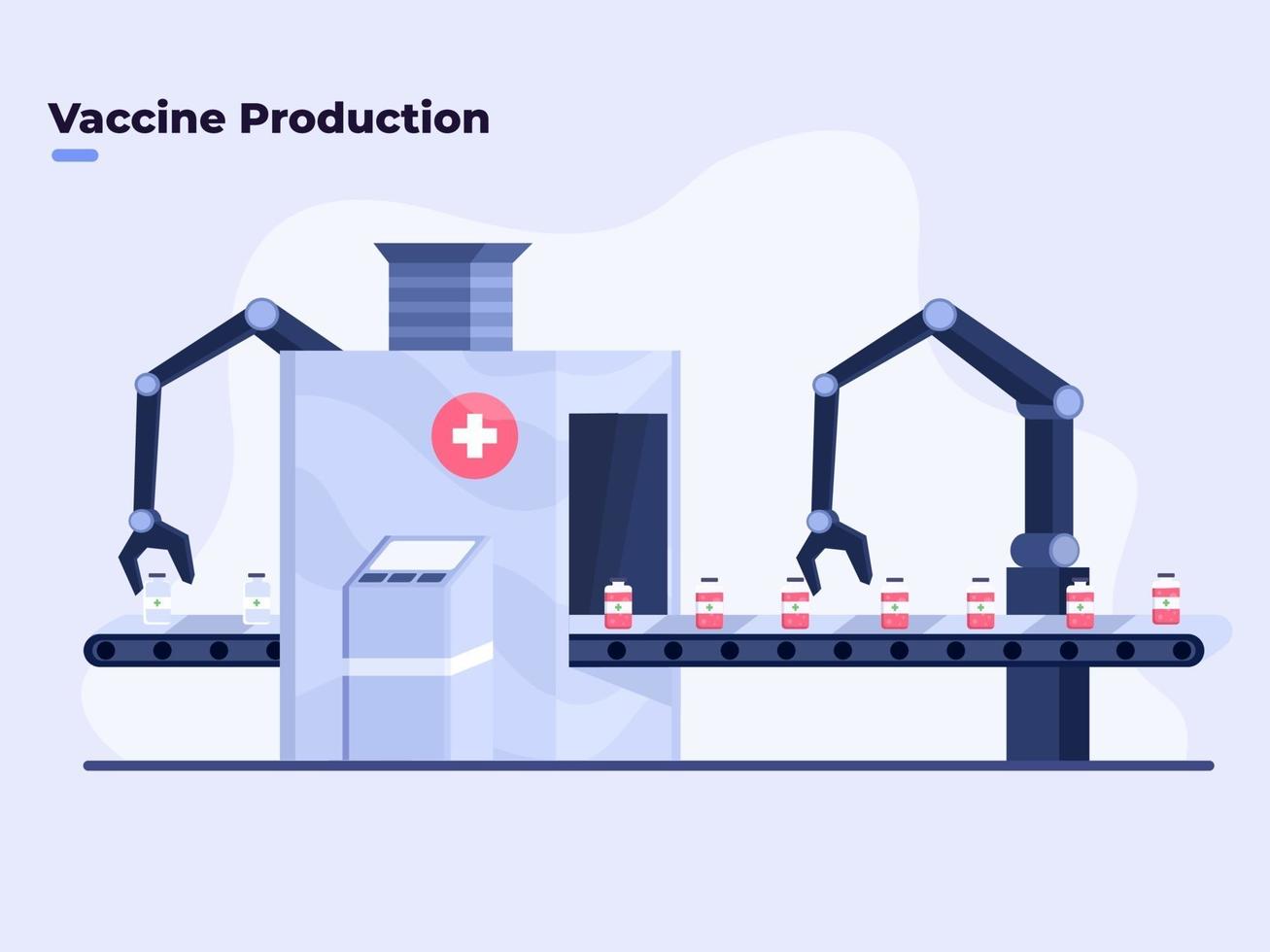 Ilustración plana de producción masiva de vacuna contra el coronavirus covid-19, producción de vacuna covid-19 con tecnología robótica automática moderna, fabricación de farmacia o fábrica médica que produce vacuna covid-19 vector