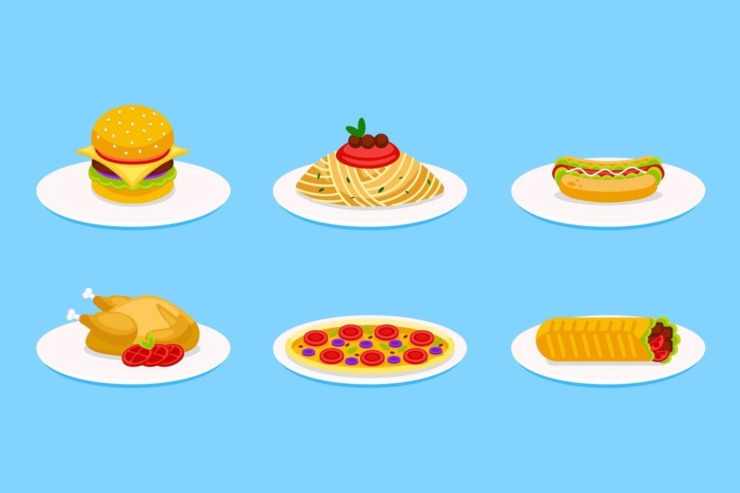 Set of fast food vector illustration on plate