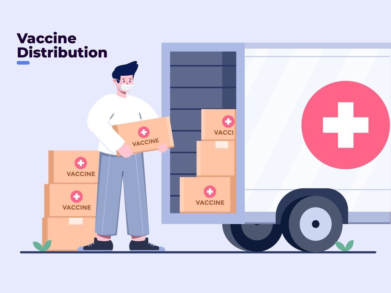 Illustration coronavirus or Covid-19 vaccine distribution or delivery with truck transportation. Covid-19 vaccine send. Ending of coronavirus pandemic. Government sending vaccine Covid-19 to people citizen. vector