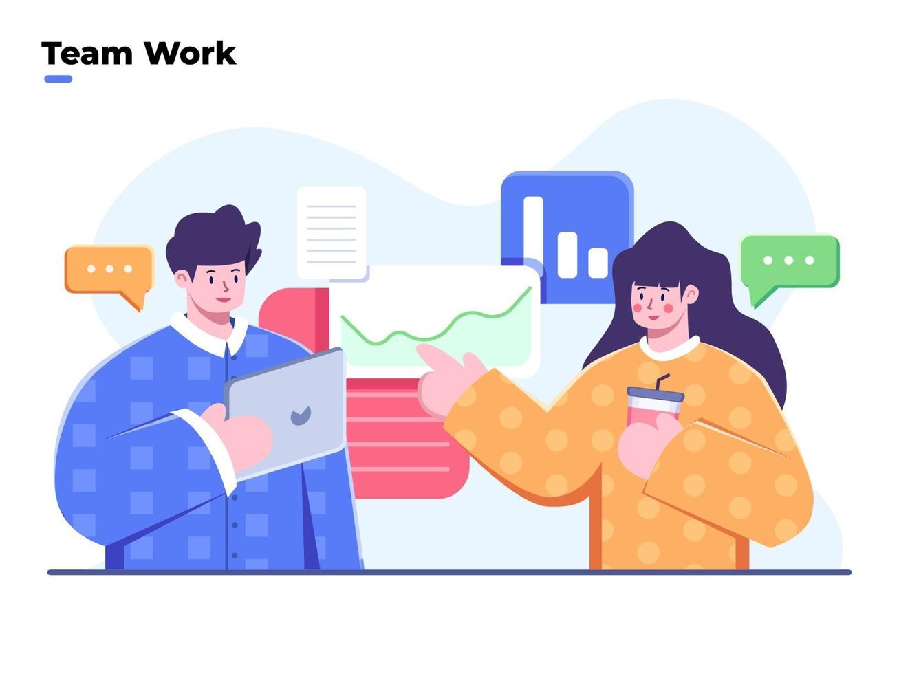 Flat illustration of Business teamwork process, Teamwork discussion thinking and solving a problem, Discussion and brainstorming in team, Data analysis, working team collaboration, Startup discussion. vector