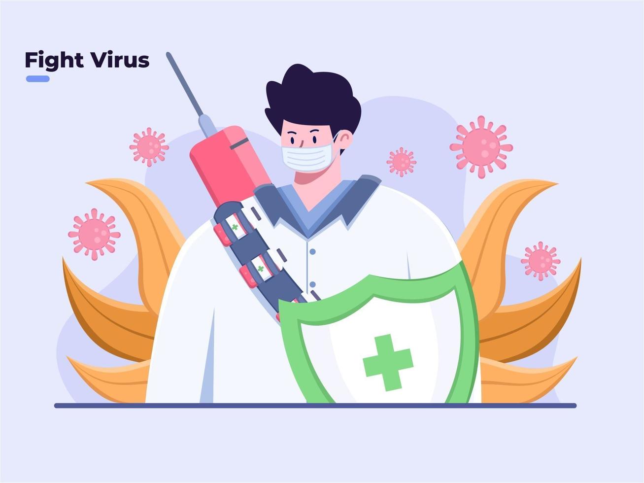 ilustración plana doctor listo para luchar contra el coronavirus covid-19, protegerse del coronavirus, preparar la segunda ola del virus covid-19, la próxima ola del virus corona, no tener miedo del covid-19, atacar el virus corona. vector