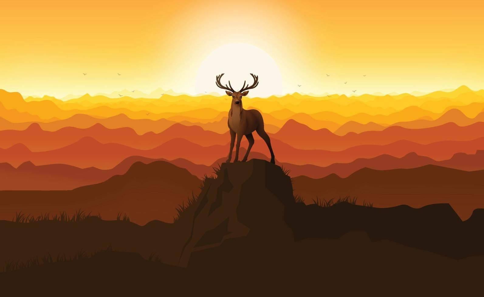 Deer standing on a stone at sunset. silhouette illustration vector