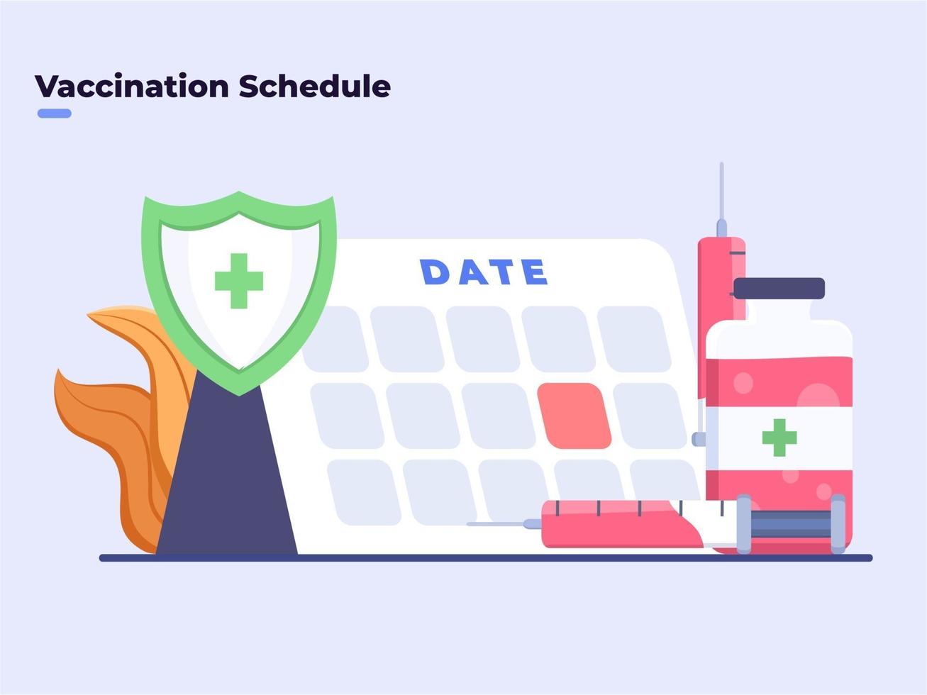 Flat illustration Covid-19 Coronavirus Vaccination Schedule Date, Time to vaccinate, Immunization schedule, Disease prevention, Vaccination program plan, Syringe, Injection. vector