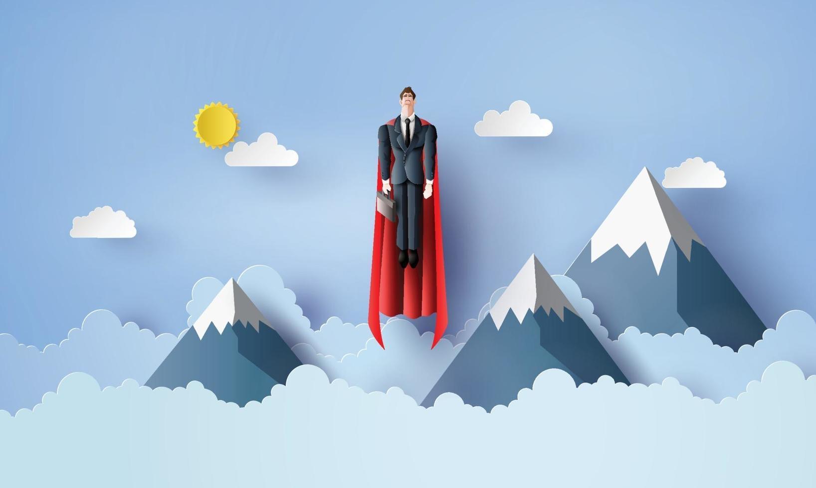 businessman flying in sky like a superhero. paper cut style vector