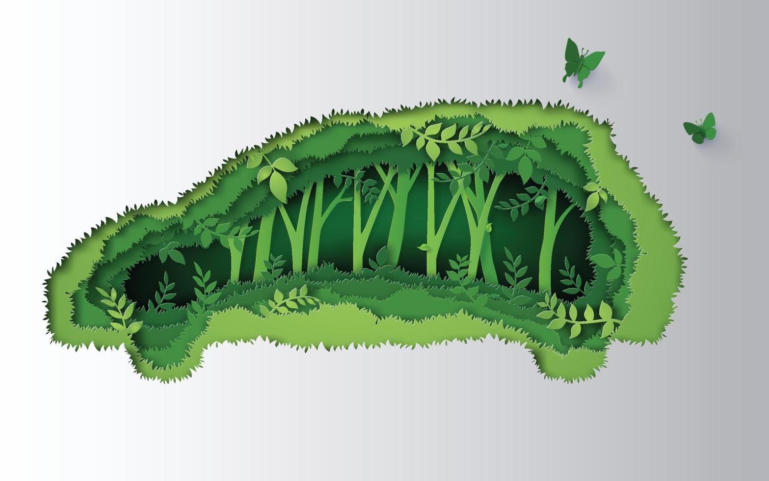 concepto de coche ecológico hecho de selva. arte en papel y estilo artesanal. vector