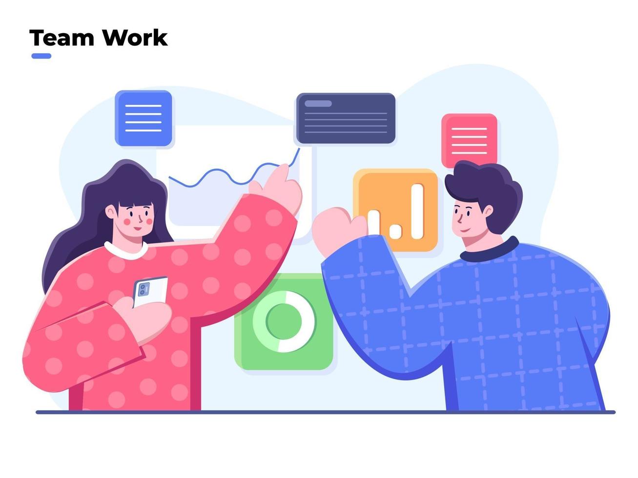 People working together in the office, Flat illustration of teamwork business, Work together with team to make business strategy, Project management and financial report strategy, Collaborative team, Team Analyze data graph. vector