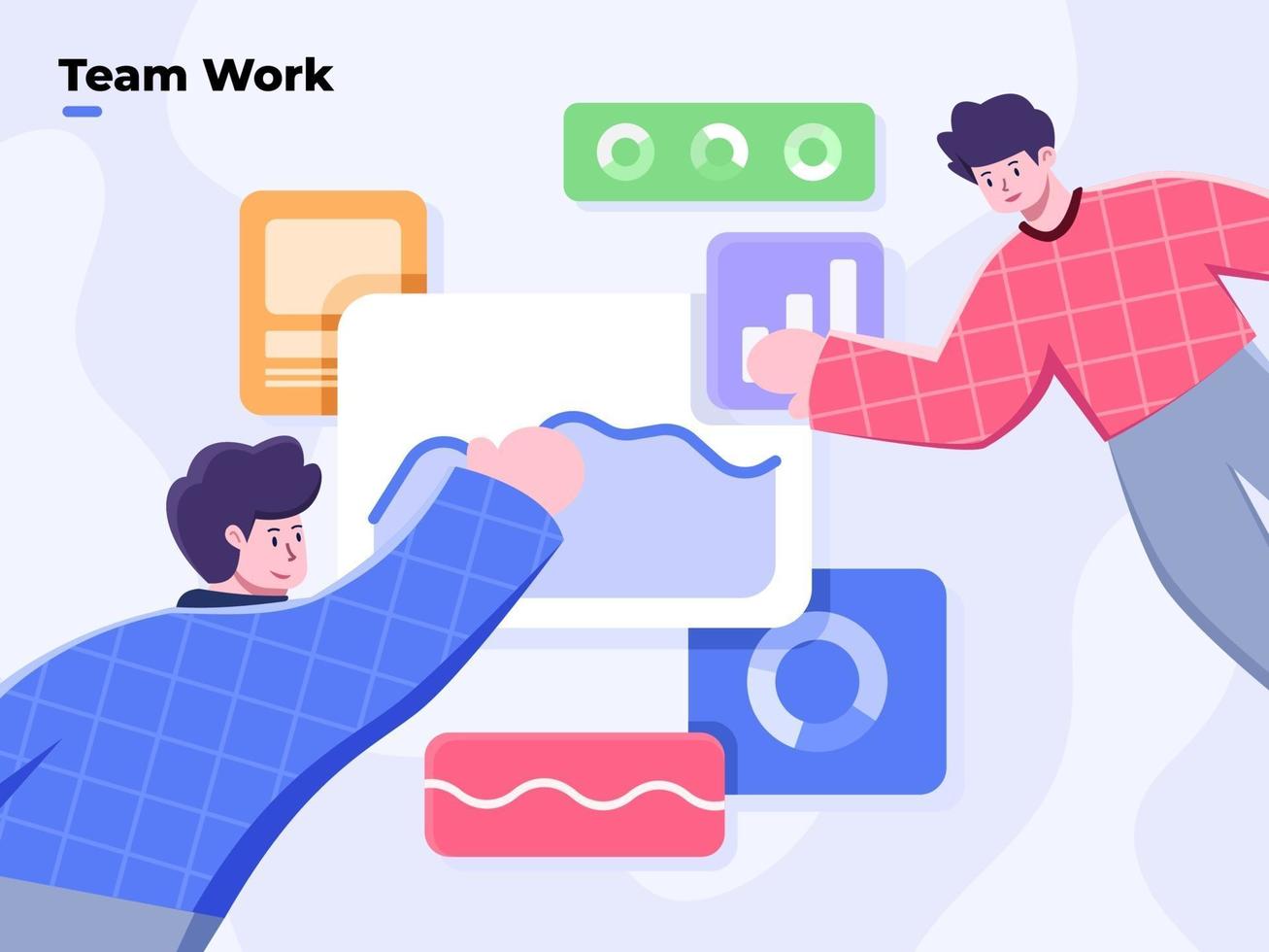 Collaborative business team work flat illustration, Office People Working Together, Business team analysis and Data visualization, Analysts team coworking, analysis of sales, statistic grow data. vector