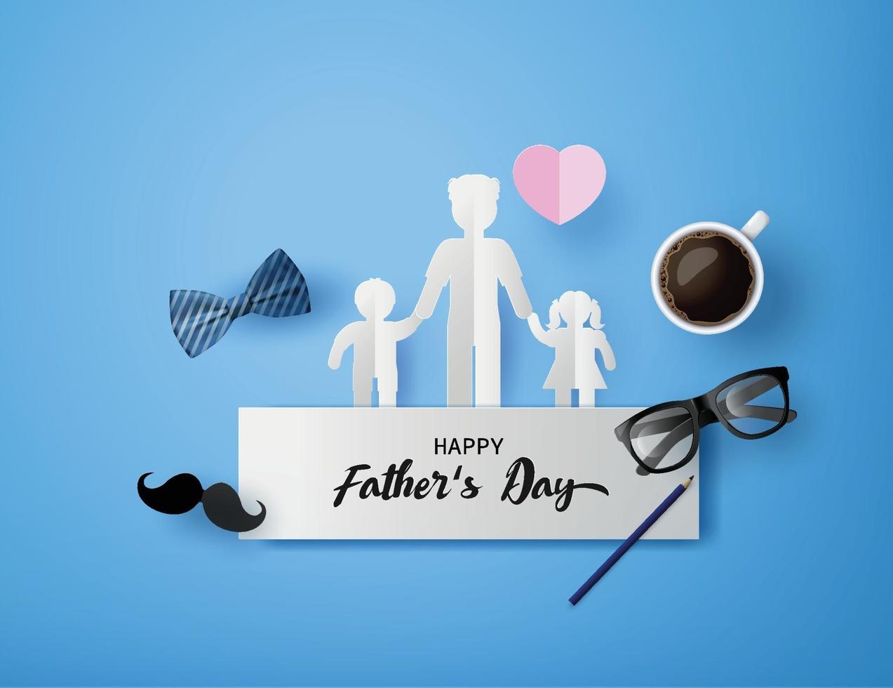Happy Father's Day greeting card with mustache, necktie and glasses in paper cut style vector