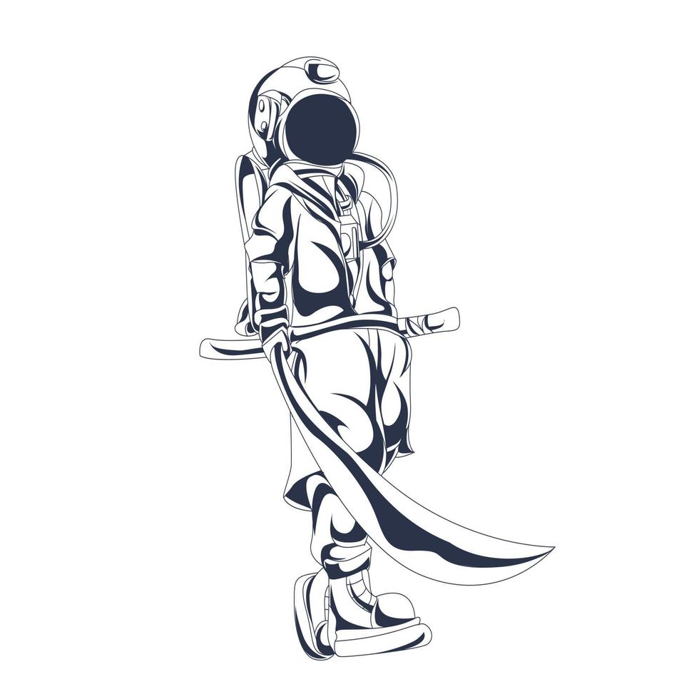 astronauta espacial con ilustración de entintado de espada vector