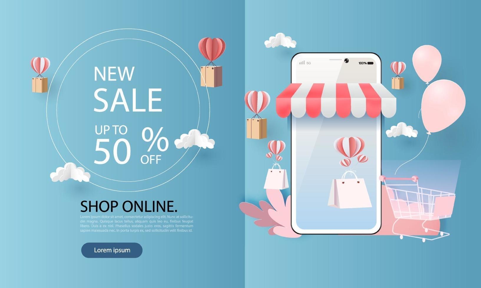 Banner de venta para compras en línea en teléfonos inteligentes. vector