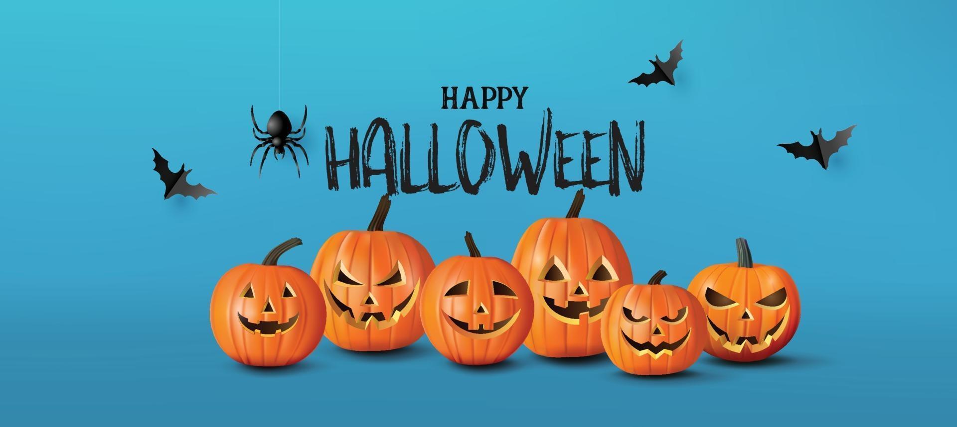 banner de saludo de feliz halloween con calabazas y murciélagos. estilo de corte de papel vector