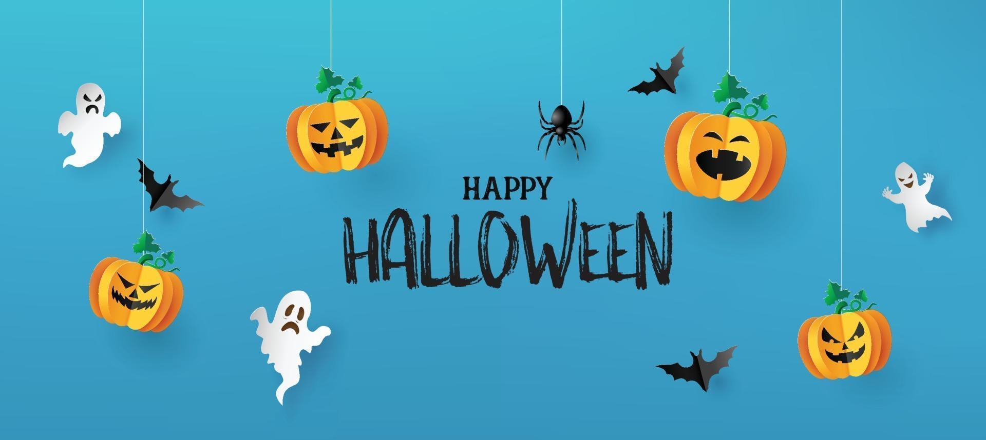 banner de saludo de feliz halloween con calabazas y murciélagos vector