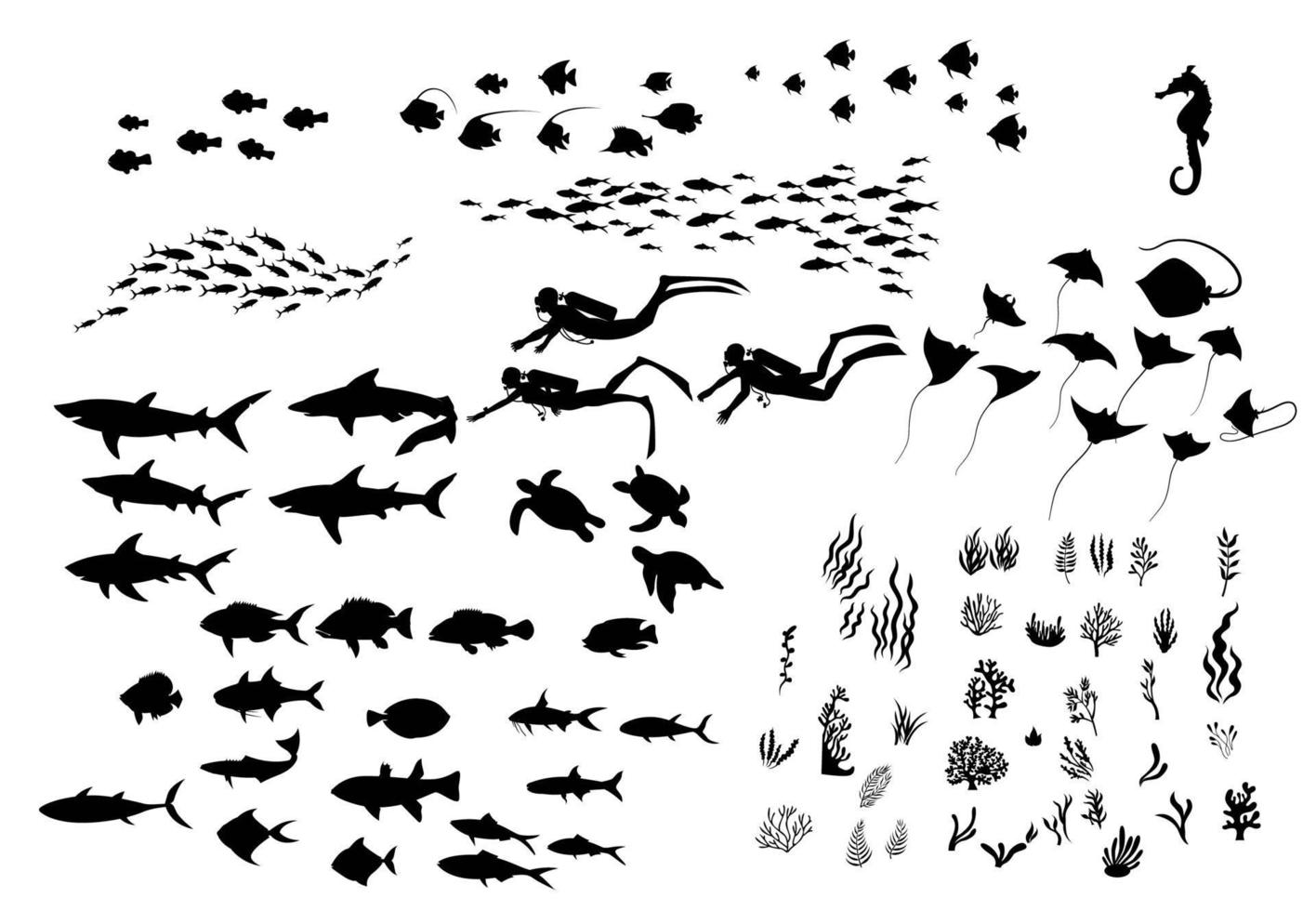 Set of ocean wildlife, plants, and divers silhouettes vector