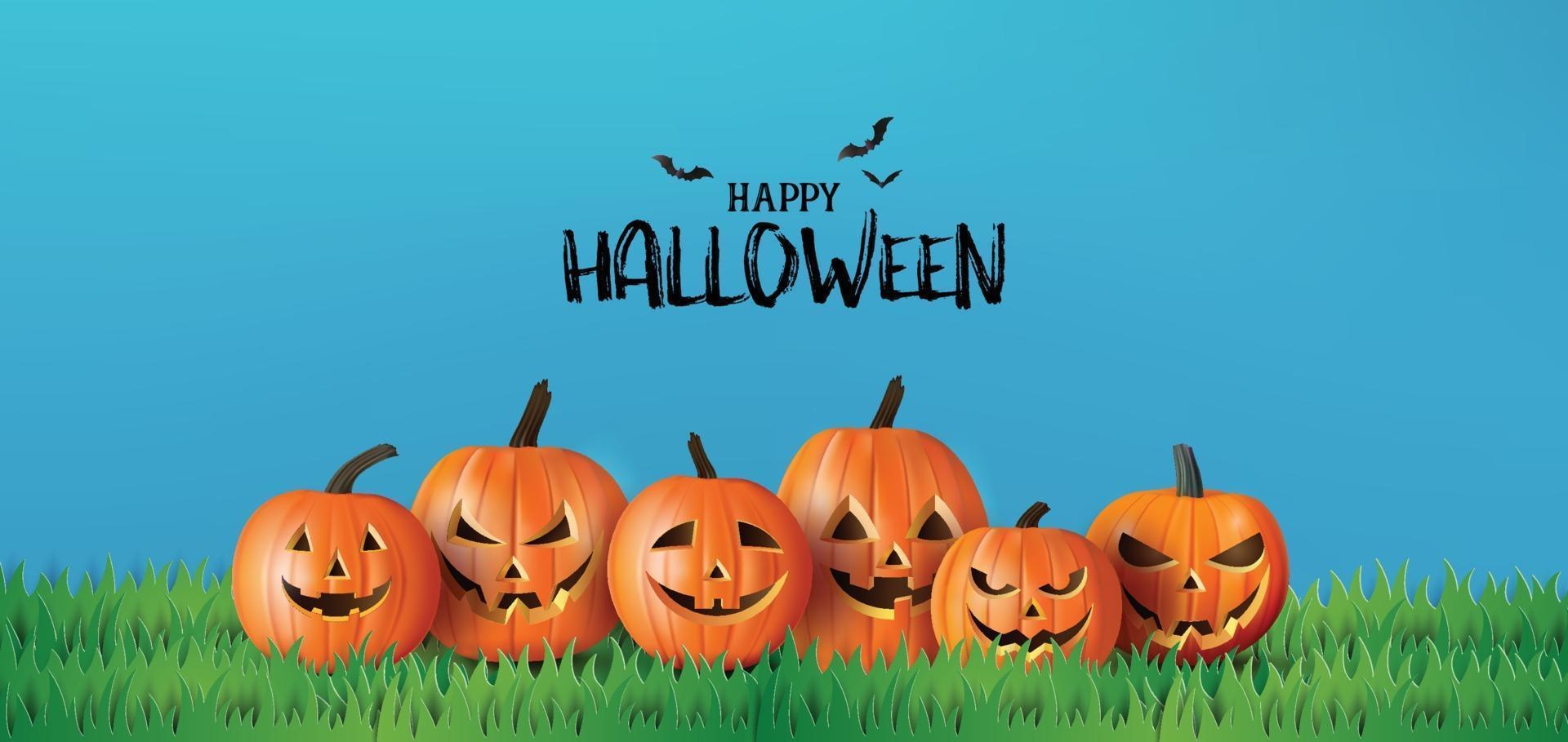 banner de saludo de feliz halloween con calabazas y murciélagos vector