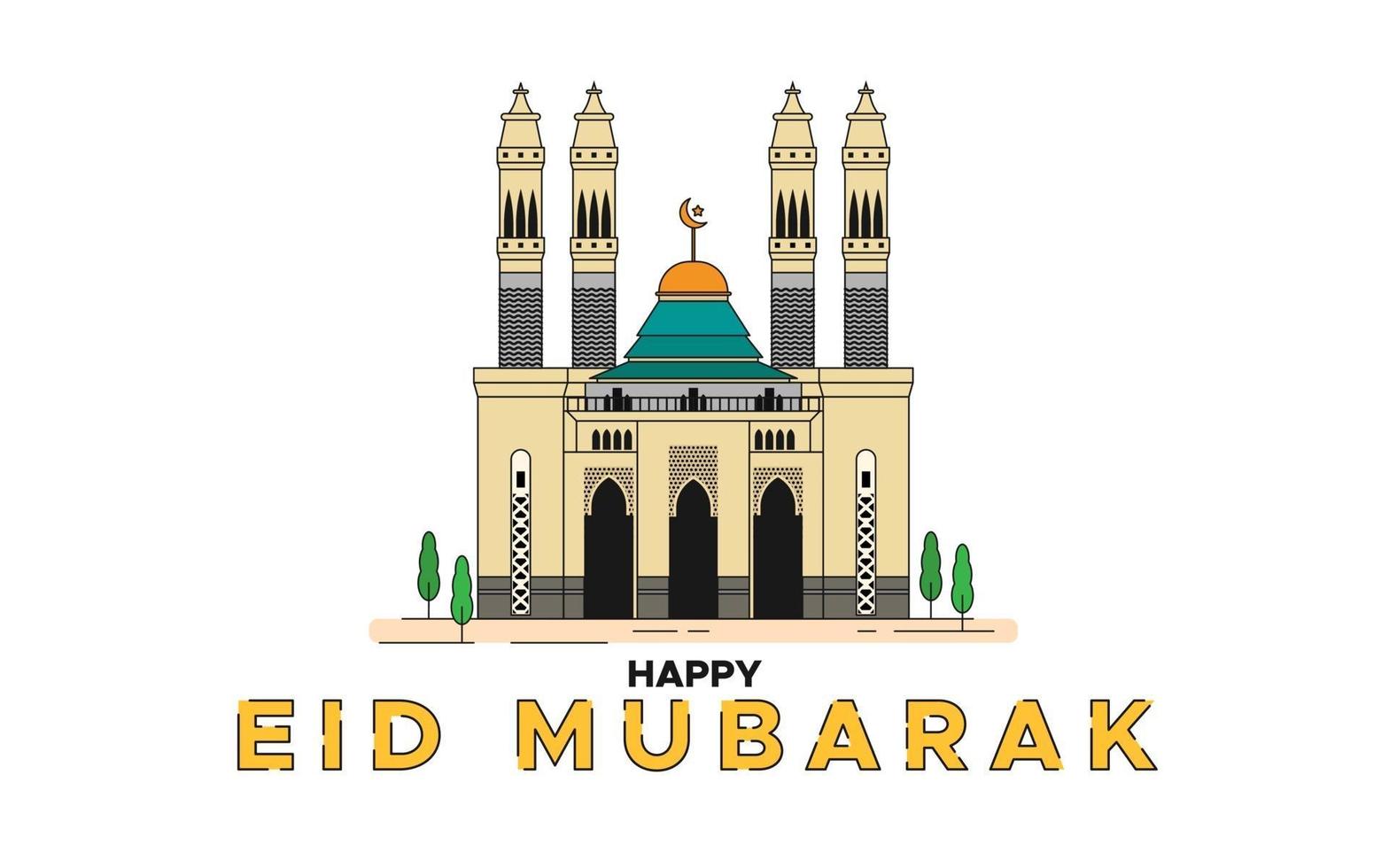 Mosque building with Eid Mubarak greeting text vector illustration