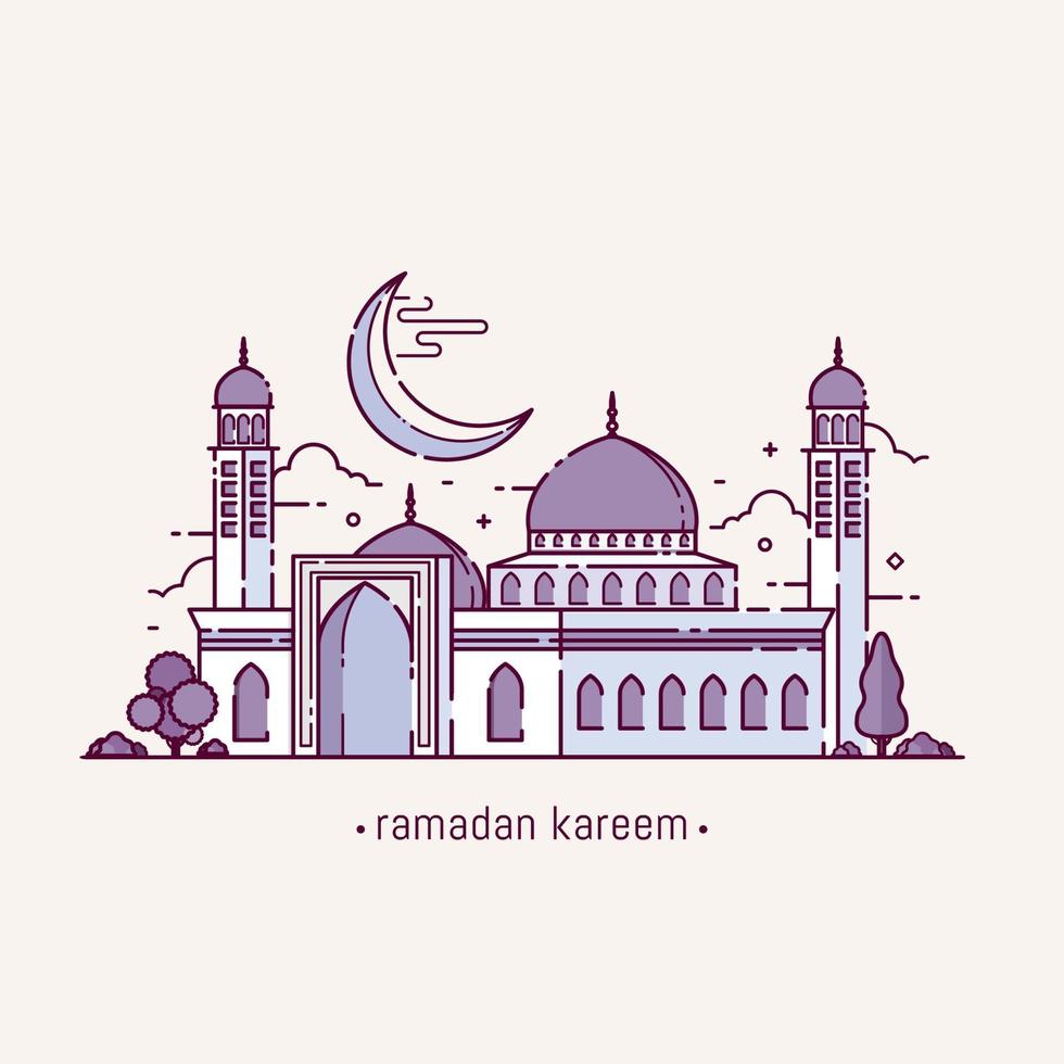 ramadan kareem con objeto de mezquita de estilo de arte lineal vector