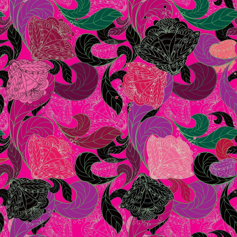 patrón de línea transparente floral. florecer azulejos de origen étnico oriental. adorno árabe con fantásticas flores y hojas. motivos de líneas dibujadas de las pinturas de patrones de tela de la India oriental. vector