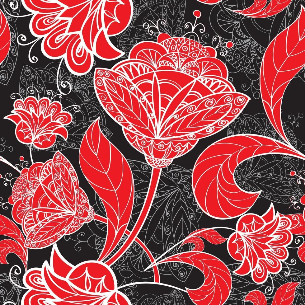 patrón de línea transparente floral. florecer azulejos de origen étnico oriental. adorno árabe con fantásticas flores y hojas. motivos de líneas dibujadas de las pinturas de patrones de tela de la India oriental. vector