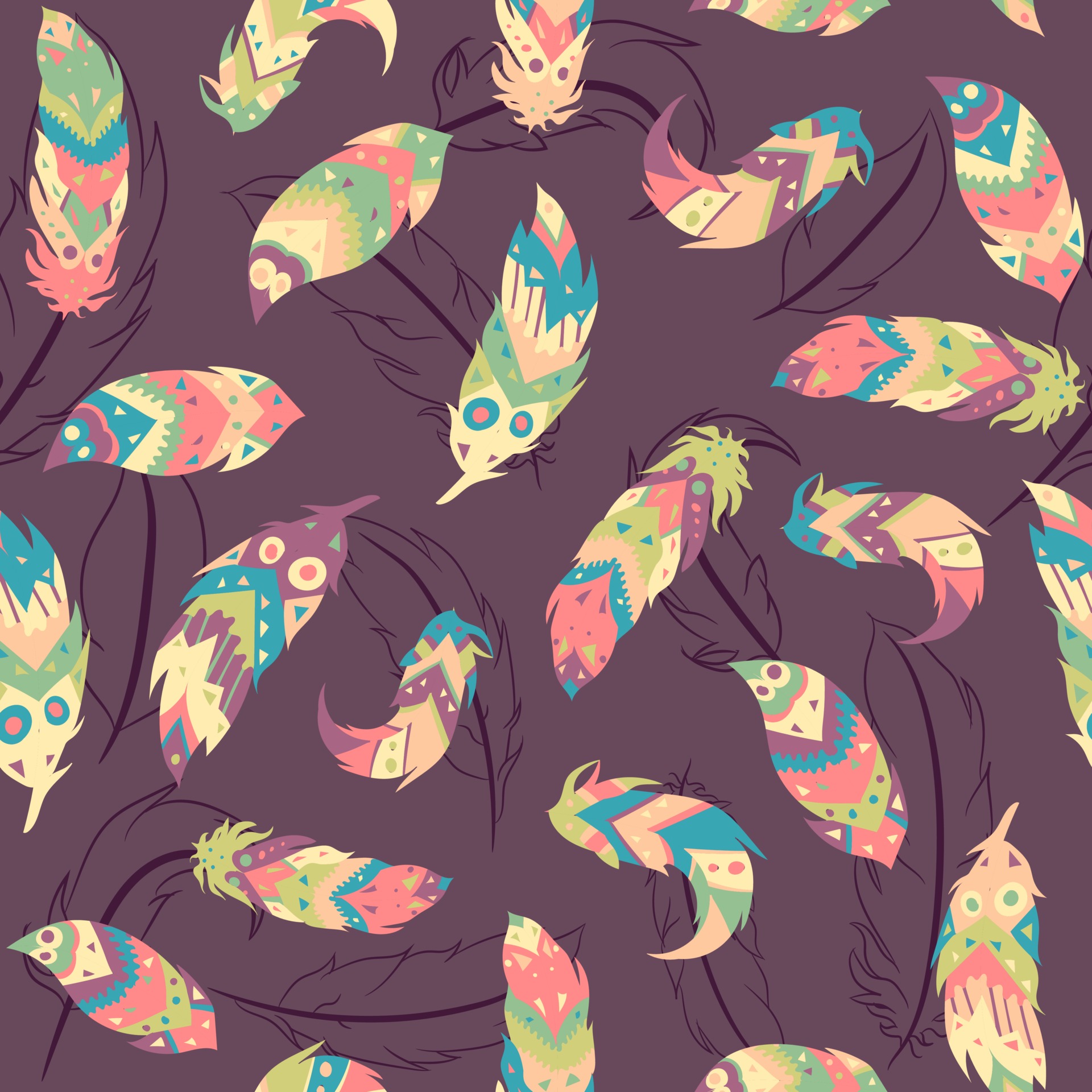 Bohemian seamless pattern with feathers and living coral circles