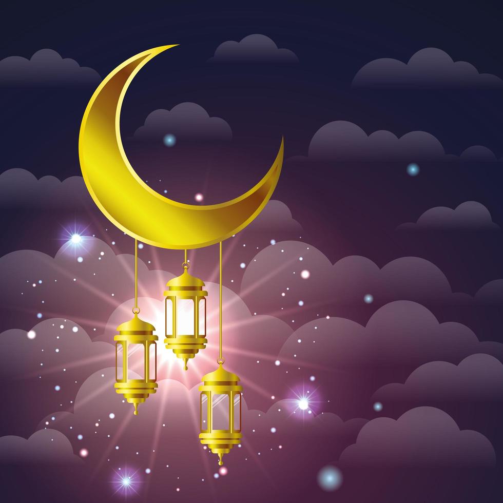 Ramadán kareem lámparas doradas colgando de la luna. vector