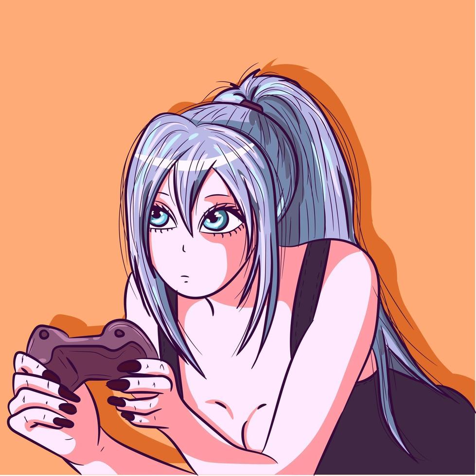 chica anime con cabello largo azul jugando en una consola. muñeca manga sosteniendo un gamepad. personaje de dibujos animados de una mujer moderna jugando y transmitiendo en línea. vector