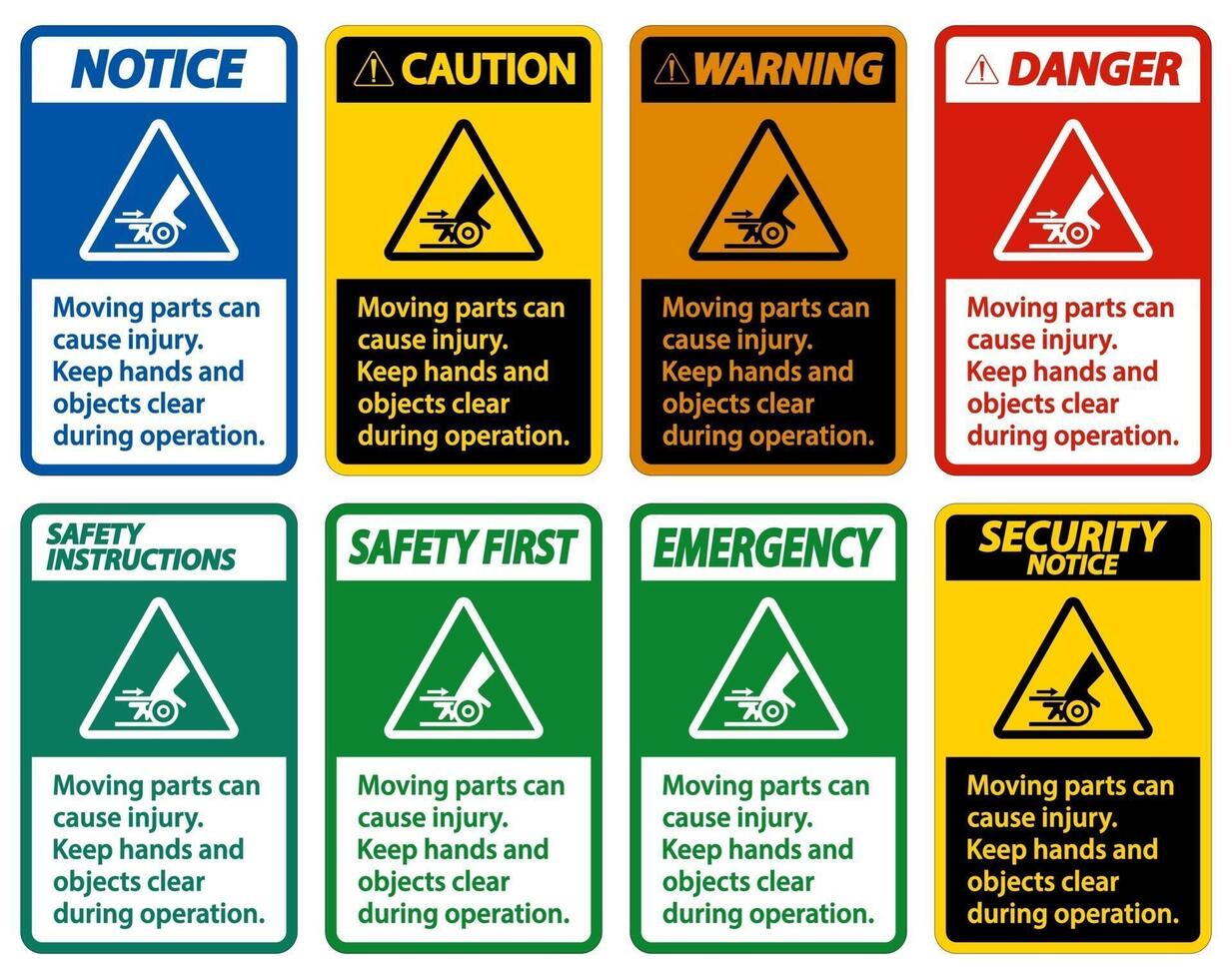 Moving parts can cause injury sign on white background set vector