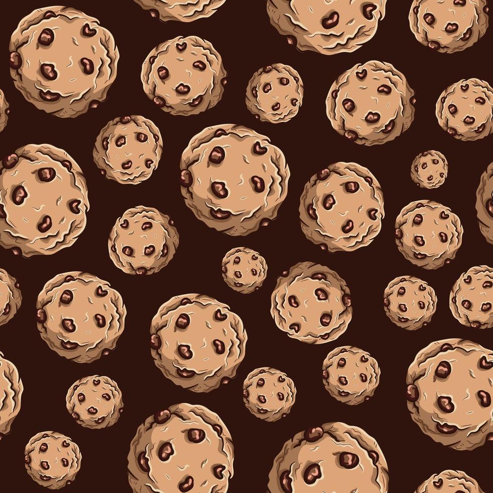 Seamless pattern of chocolate chip cookies. Repetitive background of sweet round biscuits with brown cream on top. vector