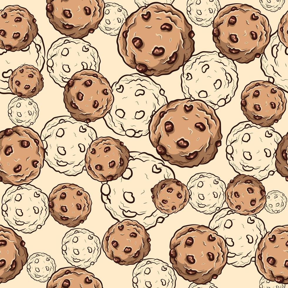 Seamless pattern with chocolate chip cookies. Repetitive background with breakfast biscuits and delicious cupcakes. vector