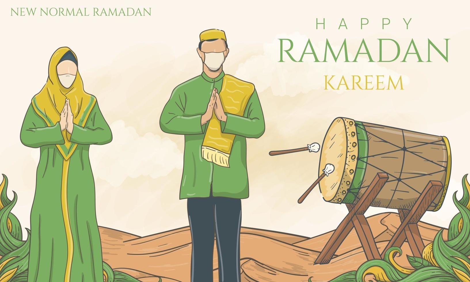 nuevo ramadan kareem normal, siga usando mascarilla durante el ramadán, ilustración dibujada a mano. vector