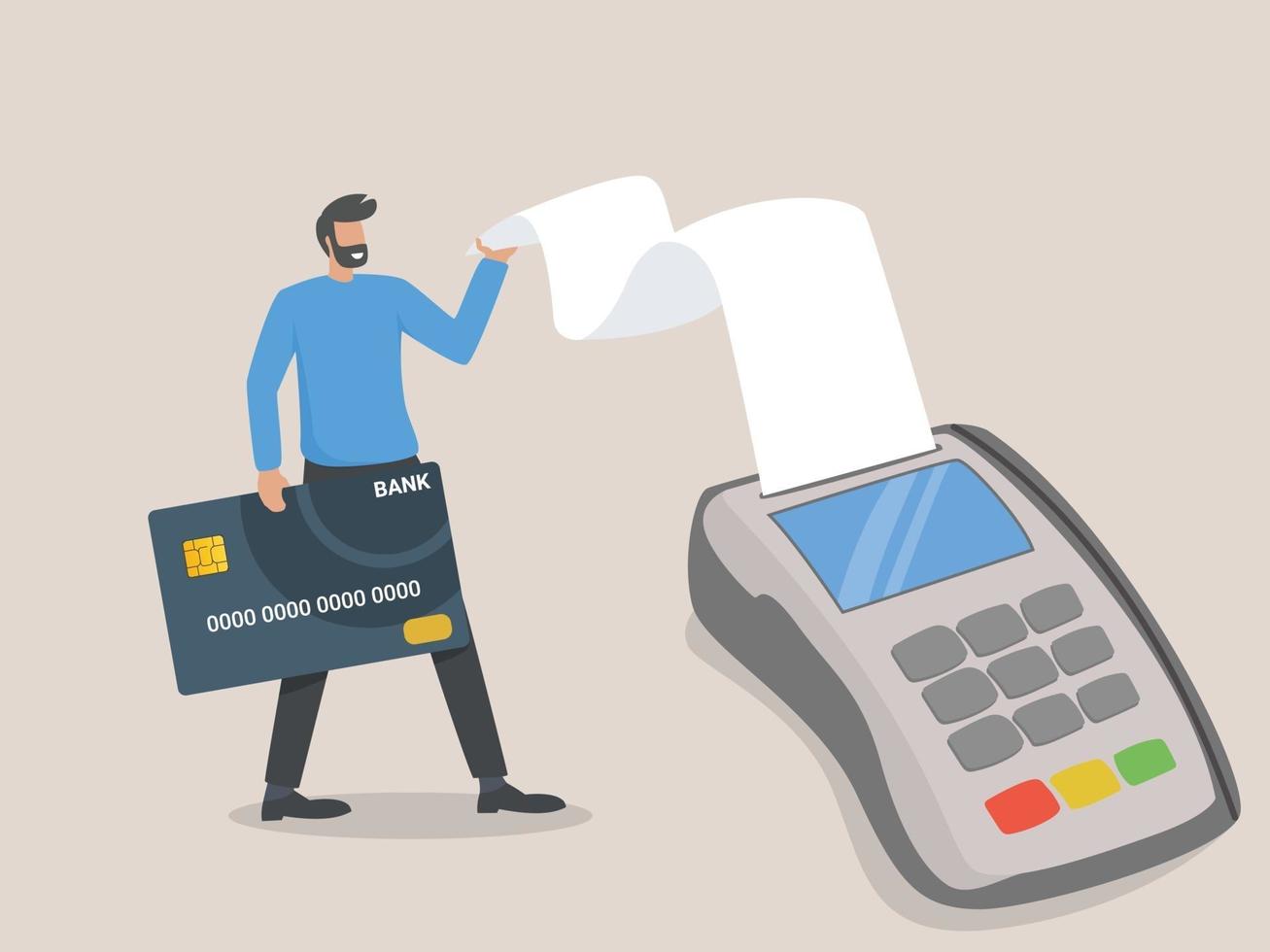 Ilustración pago con tarjeta. pago sin contacto. compra en linea. hombre usando una tarjeta bancaria a la terminal vector