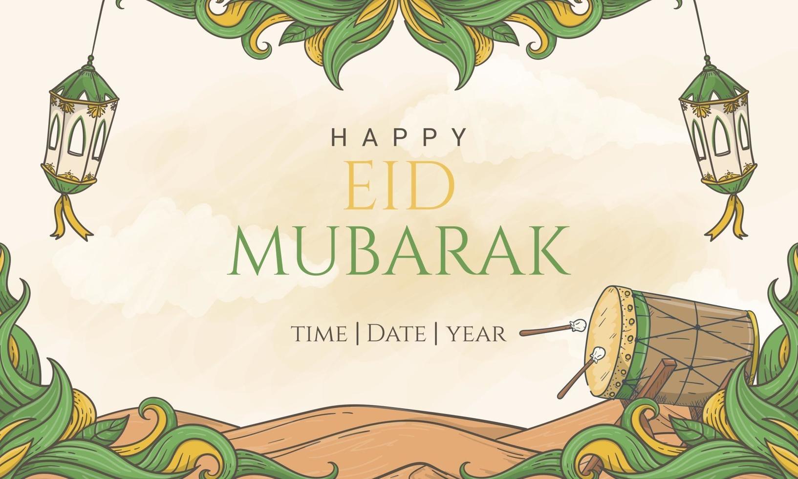 dibujado a mano feliz eid mubarak hermoso fondo de banner de letras vector