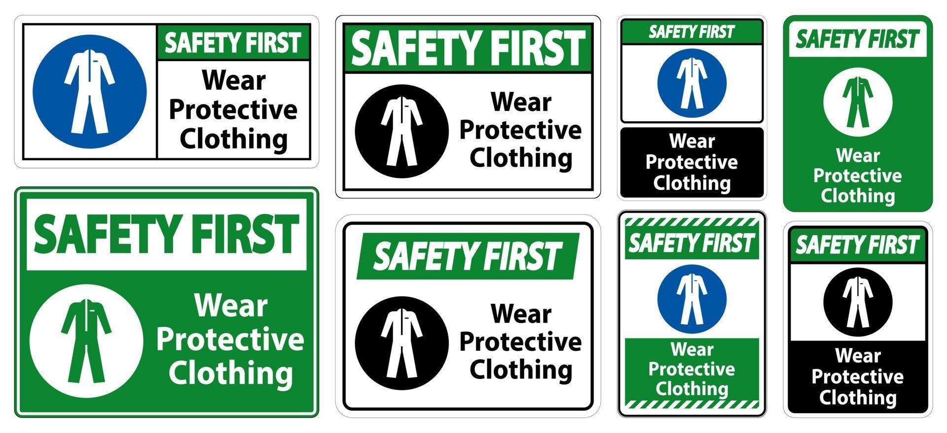 seguridad primero use ropa protectora conjunto de letreros vector