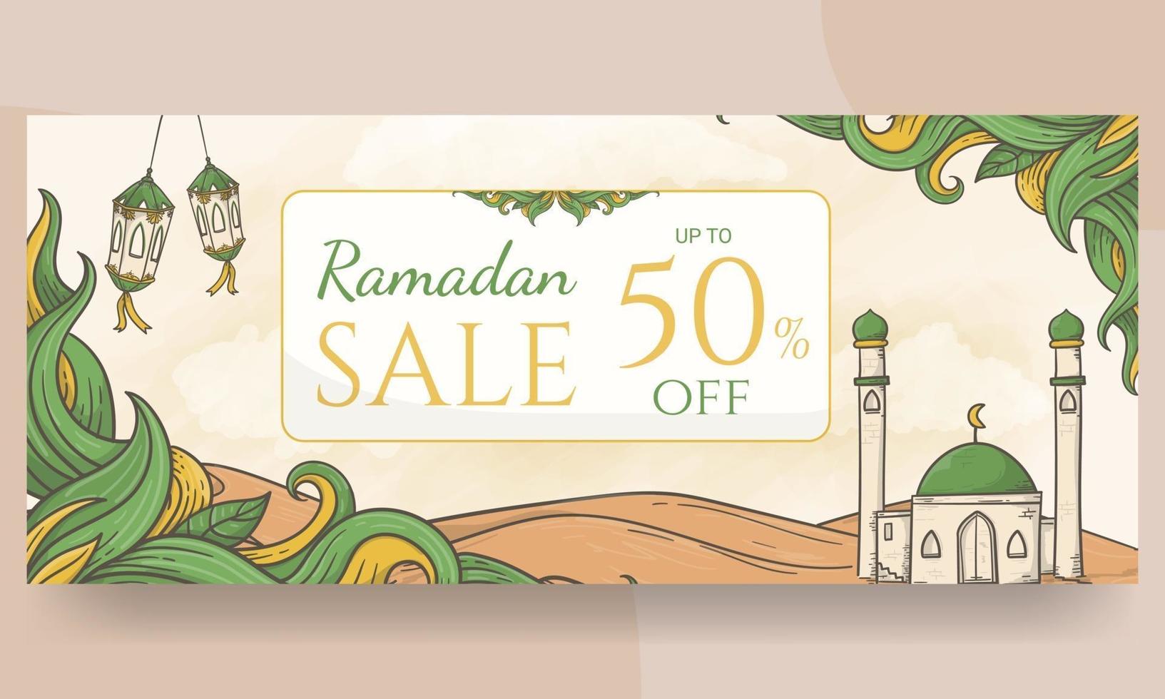 fondo de banner de venta de ramadán dibujado a mano vector