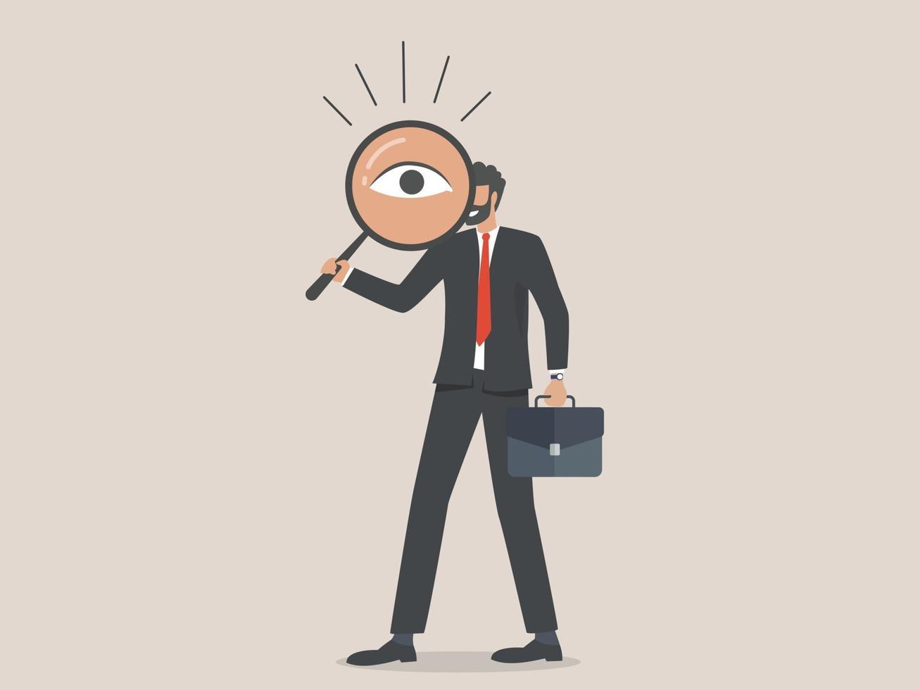 Businessman looking through a magnifying glass vector