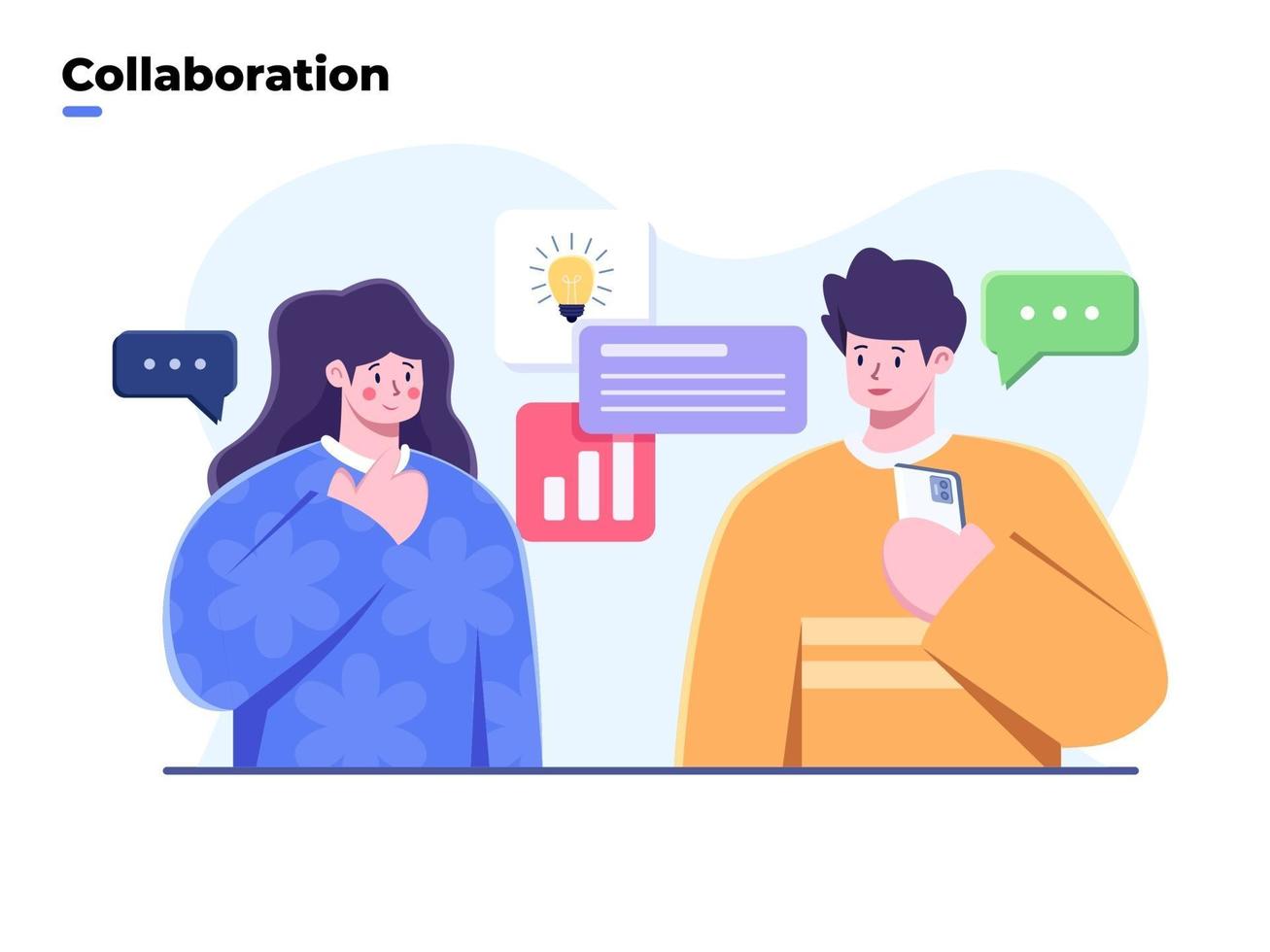 Ilustración plana de proyectos de desarrollo e intercambio de ideas del equipo de negocios, idea de intercambio de equipo creativo, colaboración de equipo de trabajo, búsqueda de soluciones, resolución de problemas, trabajo en equipo de negocios juntos. vector