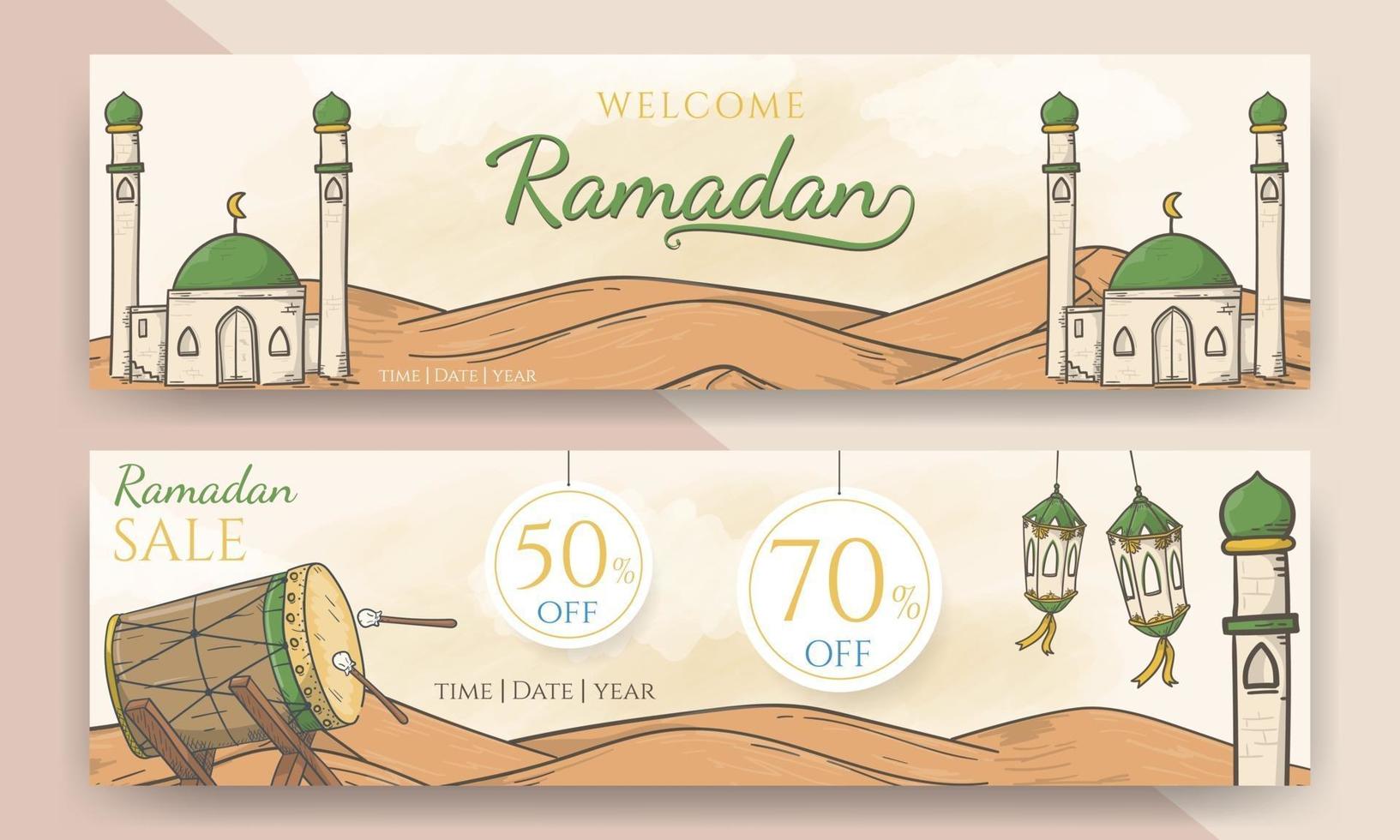 banner de venta de ramadán y ramadán de bienvenida dibujado a mano vector