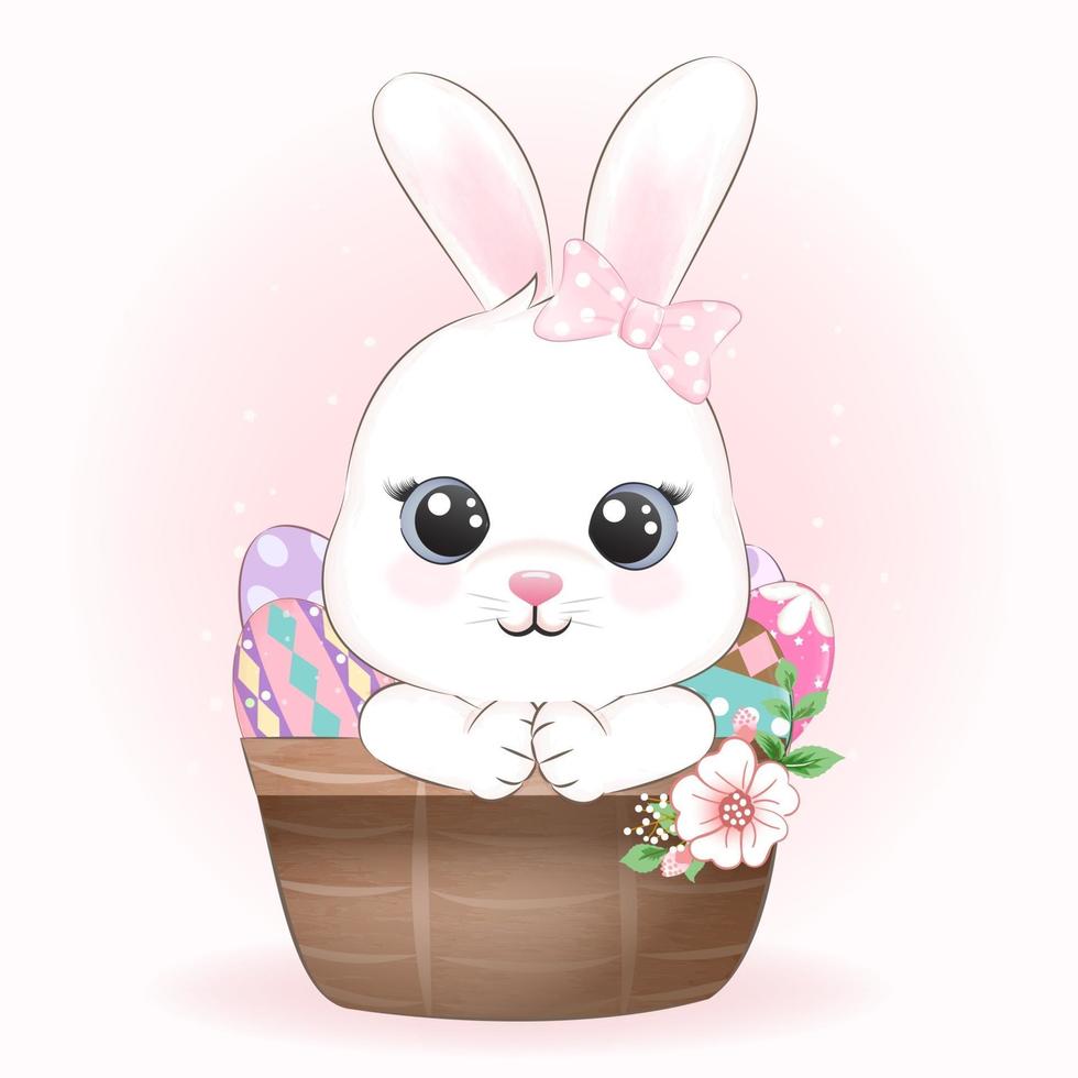 Cute Bunny and eggs in basket vector